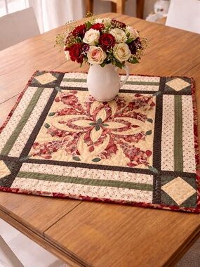 Handmade Quilted Table Square in Red, Cream & Green